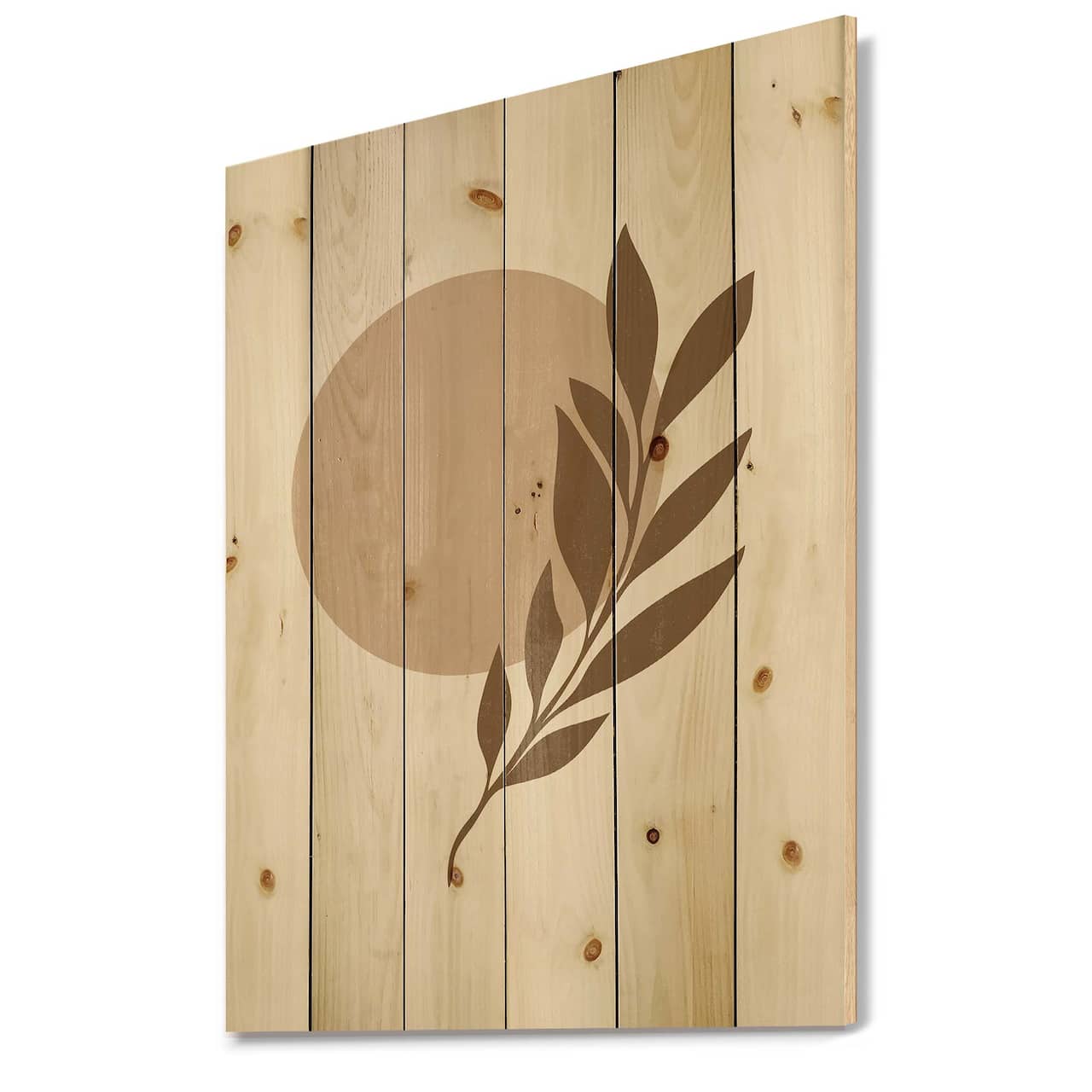 Designart - Abstract Terracotta Sun & Moon With Tropical Leaf - Modern Print on Natural Pine Wood